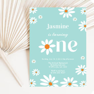 Light Teal Retro Groovy Daisy Florals 1st Birthday Invitation