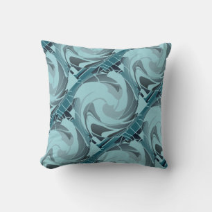 Light Teal Seafoam Grey Swirling Slanted Shapes Cushion