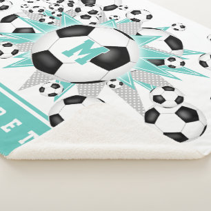 light teal soccer balls stars girls sports room sherpa blanket