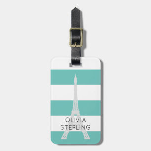 Light Teal Stripes Eiffel Tower   Custom Name Luggage Tag