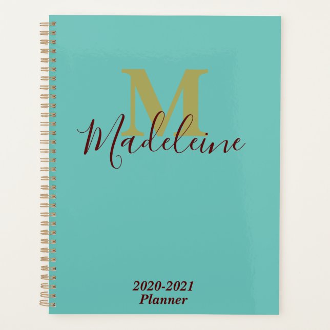 Light Teal Turquoise Blue Monogram Big Ideas 2021 Planner (Front)