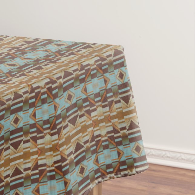 Light Teal Turquoise Blue Orange Brown Tribal Art Tablecloth (In Situ)
