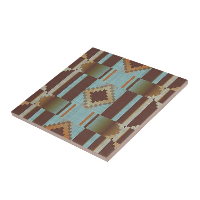 Light Teal Turquoise Blue Orange Brown Tribal Art Tile (Side)
