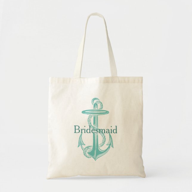 Light Teal Vintage Anchor Personalised Bridesmaid Tote Bag (Front)
