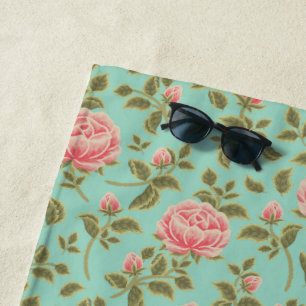 Light Teal Vintage Pink Rose Flowers Beach Towel