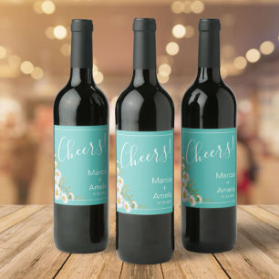 Light Teal & White Daisies Wedding Wine Label