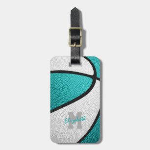 light teal white personalised girl's basketball luggage tag