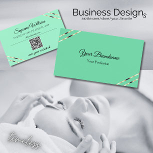 Light Teal with Rose Gold Lines and QR Code Modern Business Card