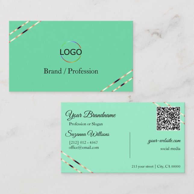 Light Teal with Rose Gold Lines Logo and QR Code Business Card (Front/Back)