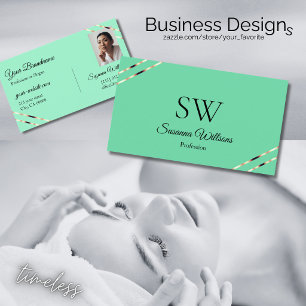 Light Teal with Rose Gold Lines Monogram and Photo Business Card