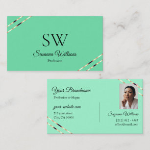 Light Teal with Rose Gold Lines Monogram and Photo Business Card