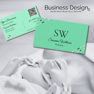 Light Teal with Rose Gold Lines Monogram QR Code Business Card