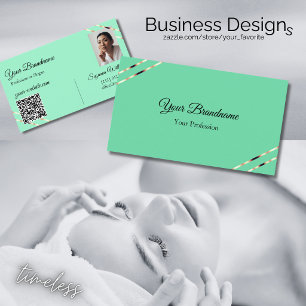 Light Teal with Rose Gold Lines Photo and QR Code Business Card