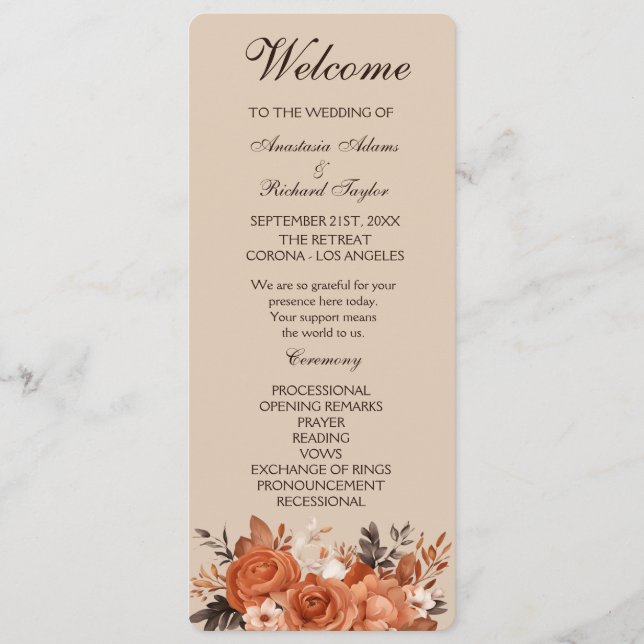 Light Terracotta and Burnt Orange Wedding   Programme (Front)