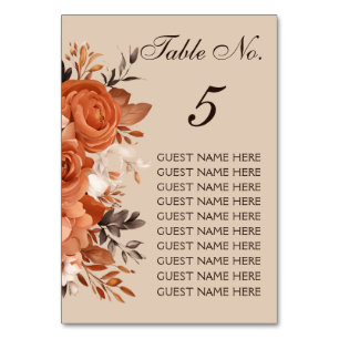 Light Terracotta and Burnt Orange Wedding Table Number
