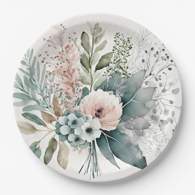 Light Terracotta and Sage Green Peonies Wedding Paper Plate (Front)
