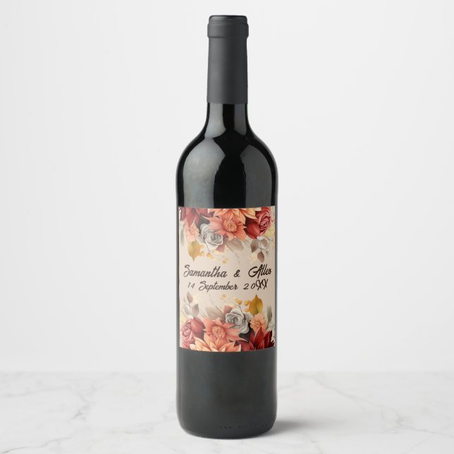 Light Terracotta Fall Floral Wedding Wine Label (Front)