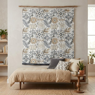 Light Terracotta Grey Botanical Boho Pattern Tapestry