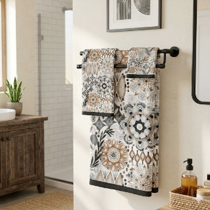Light Terracotta Grey Botanical Pattern Bath Towel Set