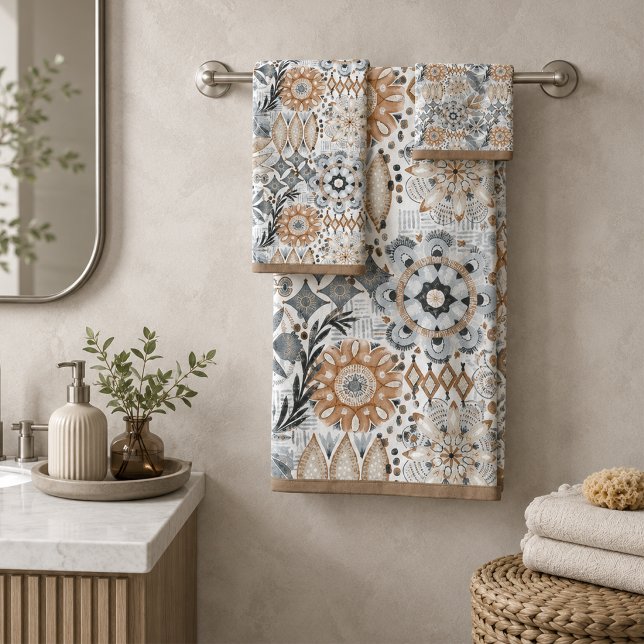 Light Terracotta Grey Botanical Pattern Bath Towel Set (Creator Uploaded)