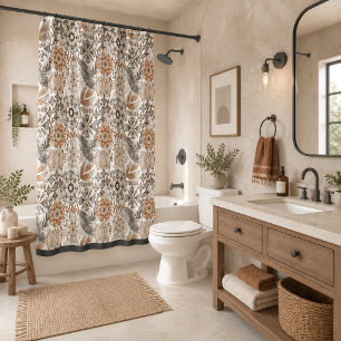 Light Terracotta Grey Botanical Pattern Shower Curtain