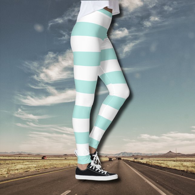 Light Turquoise and White Wide Horizontal Striped Leggings (Creator Uploaded)