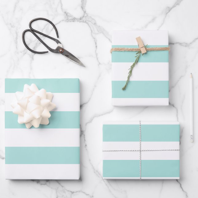 Light Turquoise and White Wide Horizontal Striped Wrapping Paper Sheet (Front)