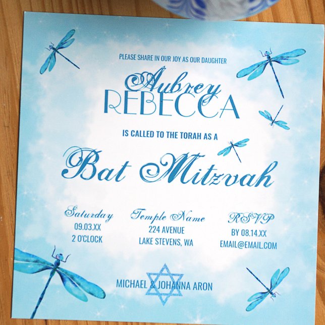 Light Turquoise Dragonflies Bat Mitzvah Invitation (Whimsical turquoise dragonflies bat mitzvah invitation, unique square card)