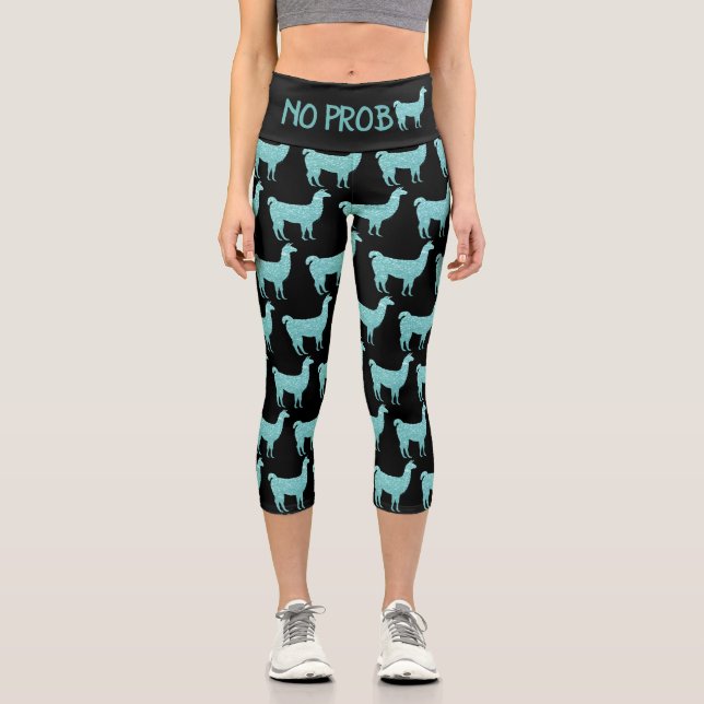 Light Turquoise glitter Sparkles no Prob Llama Capri Leggings (Front)