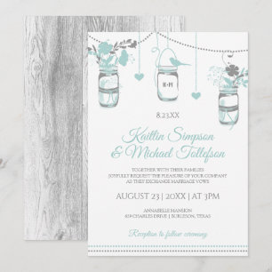 Light Turquoise Mason Jar Wood Wedding Invitations