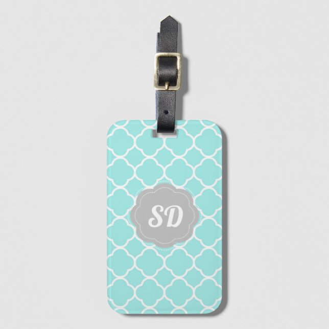 Light Turquoise Quatrefoil Custom Monogram Luggage Tag (Front Vertical)