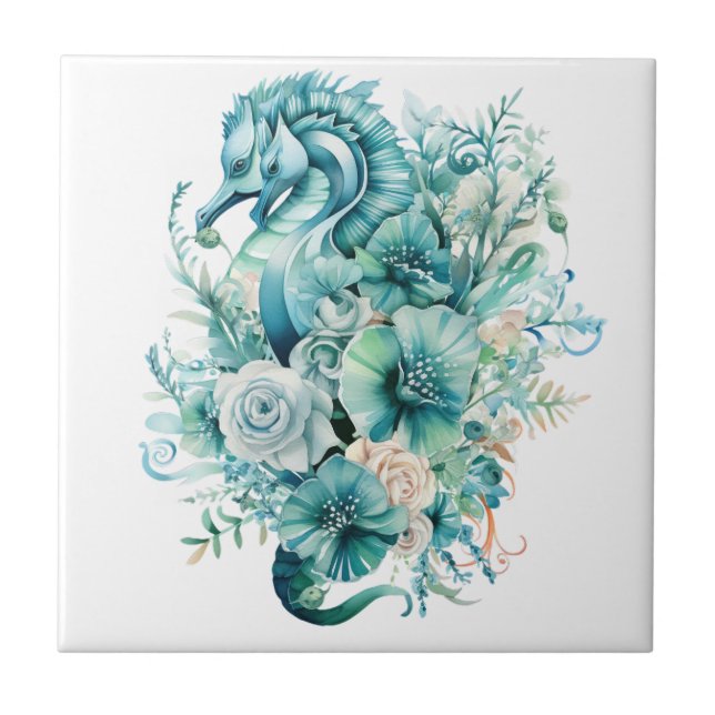 Light Turquoise Seahorse Ceramic Tile (Front)