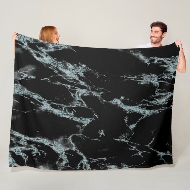Light Turquoise Vein Black Marble Look Fleece Blanket (In Situ)