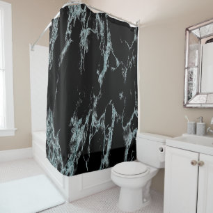 Light Turquoise Vein Black Marble Look Shower Curtain
