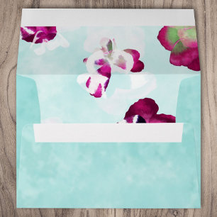 Light Turquoise, Violet Pansies Wedding Envelope