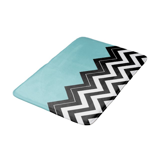 Light Turquoise White Black Zigzag Stripes Pattern Bath Mat (Angled)