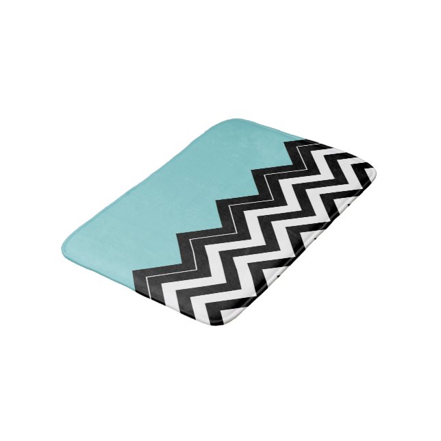 Light Turquoise White Black Zigzag Stripes Pattern Bath Mat (Angled)