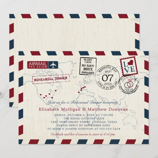 Light Vintage Map Wedding Airmail Rehearsal Dinner Invitation (Front/Back)