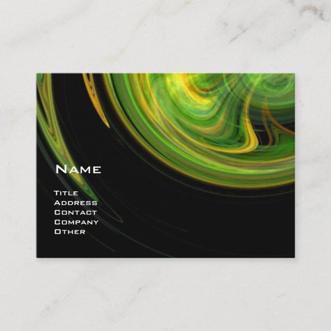 LIGHT VORTEX,YELLOW ORANGE GREEN SWIRLS Black Business Card (Front)