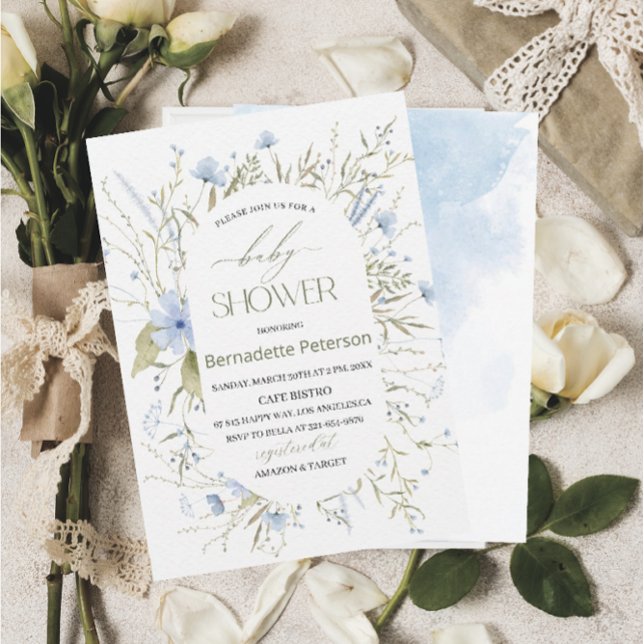 Light  Watercolor Blue Wildflowers  BabyInvitation Invitation (Creator Uploaded)