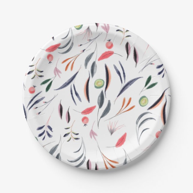 Light Watercolor Leaves and Berries Pattern Paper Plate (Front)