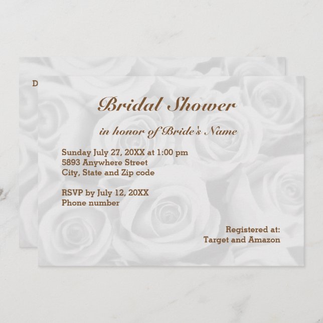 Light White Rose Background Bridal Shower Invite (Front/Back)