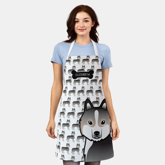 Light Wolf Grey Siberian Husky Cartoon Dog & Name Apron (Worn)