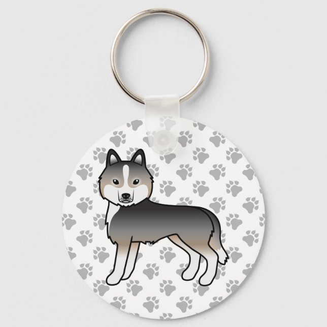 Light Wolf Grey Siberian Husky Cartoon Dog & Paws Key Ring (Front)