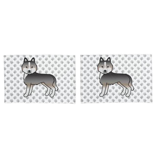 Light Wolf Grey Siberian Husky Cartoon Dog & Paws Pillowcase (Front-Set)