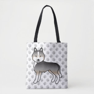 Light Wolf Grey Siberian Husky Cartoon Dog & Paws Tote Bag