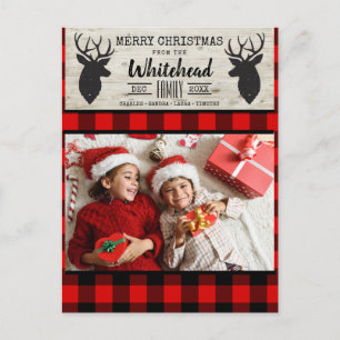 Light Wood Deer Red Black Buffalo Plaid Photo Holiday Postcard