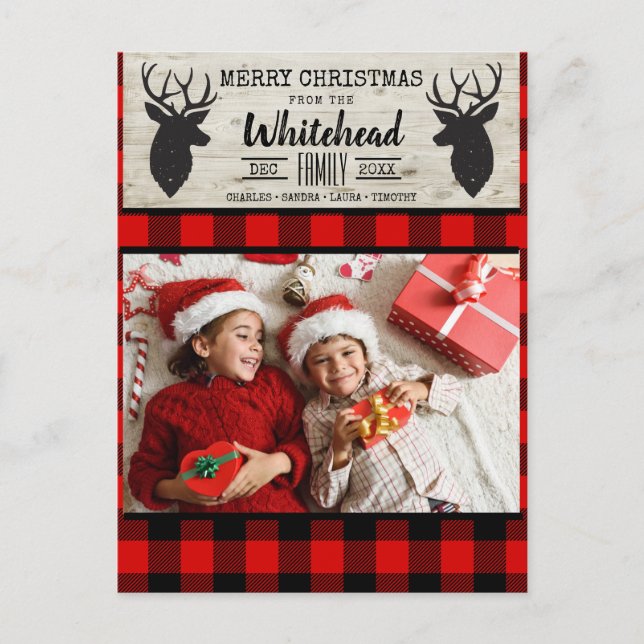 Light Wood Deer Red Black Buffalo Plaid Photo Holiday Postcard (Front)