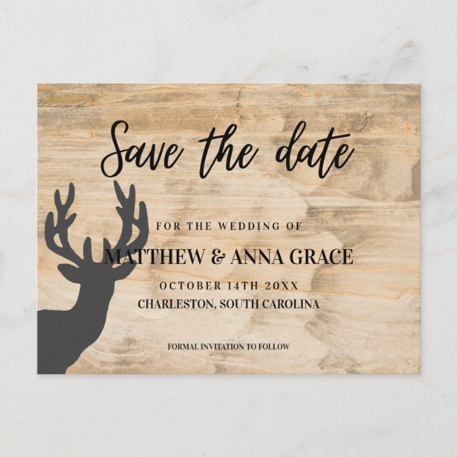 Light Wooden Deer Antlers Save the date Wedding Announcement Postcard (Front)