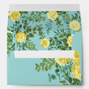 Light Yellow & Aqua Teal Rose Floral Wedding Envelope